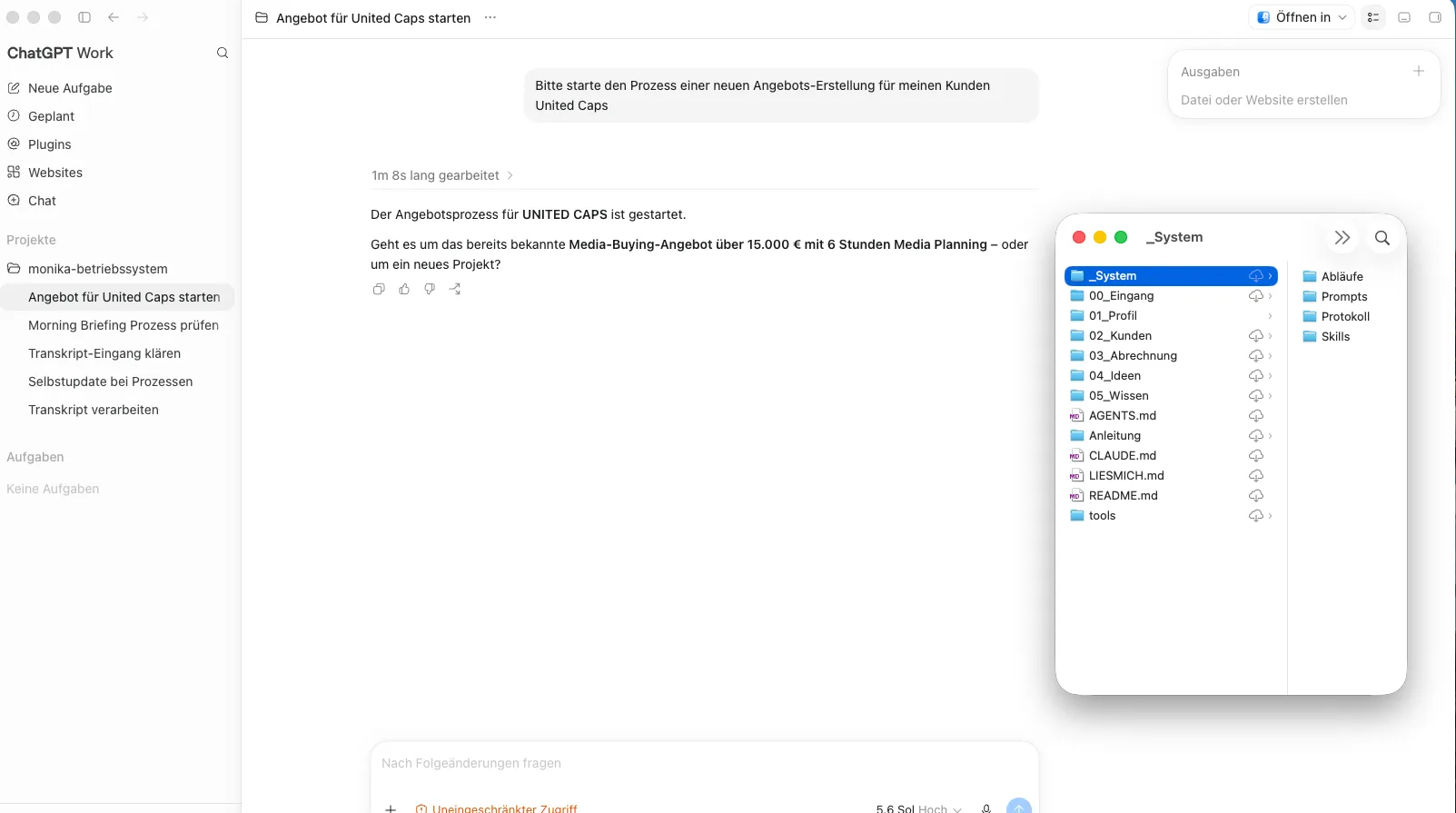 ChatGPT mit dem Betriebssystem: strukturierte Wissensdateien und eine laufende Aufgabe zur Angebotserstellung